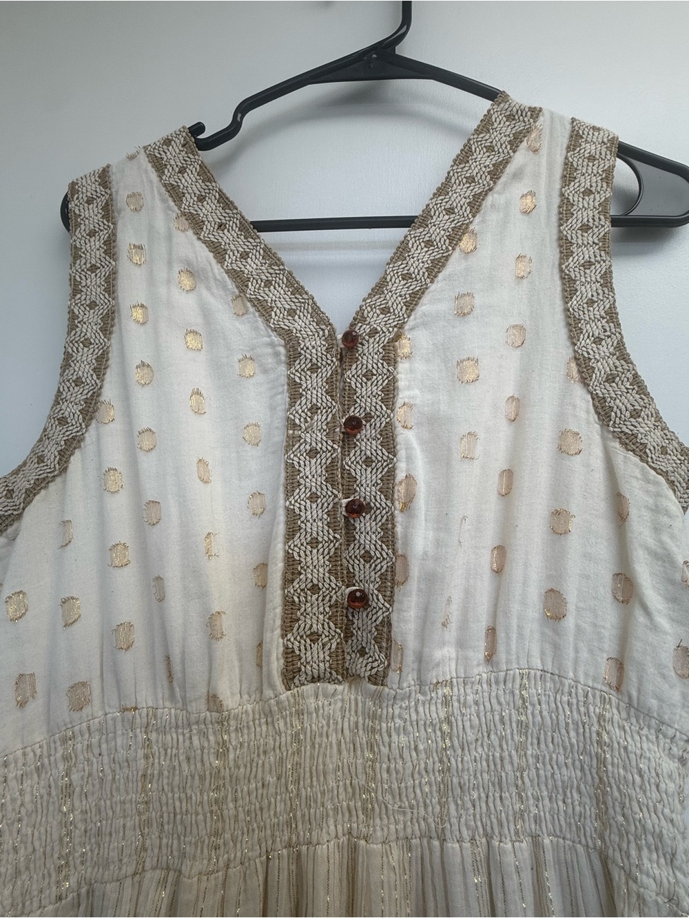 Sleeveless Cream Boho Maxi Dress with Brown Trim - Picture 3 of 5